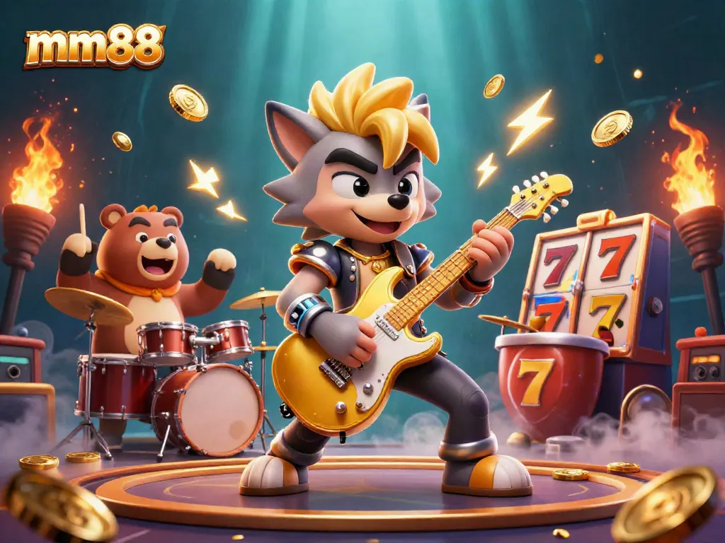 Experience mm88's thrilling casino atmosphere with a rock star wolf and drummer bear in 3D.