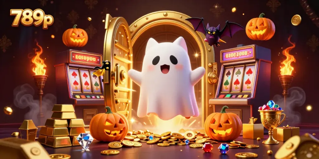 Engage in thrilling games at 789p casino with a ghost cat and bat in a haunted mansion.