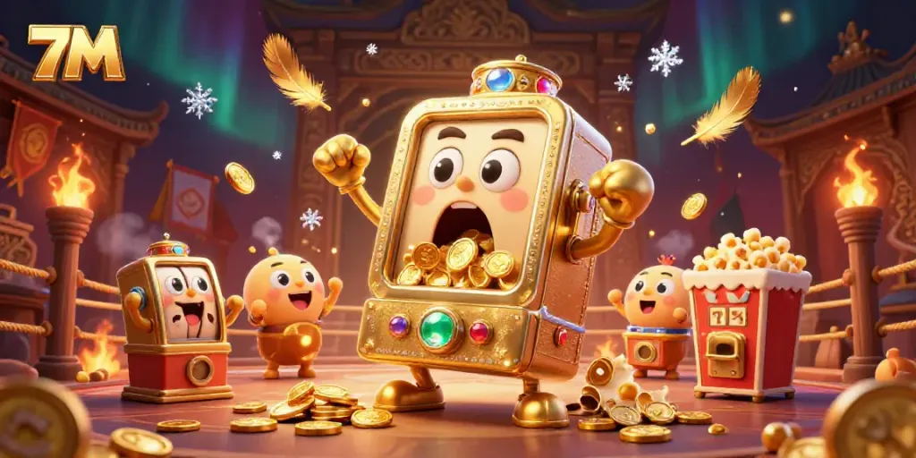 Experience thrilling 7M slot action with a golden jackpot machine amidst dynamic casino elements.