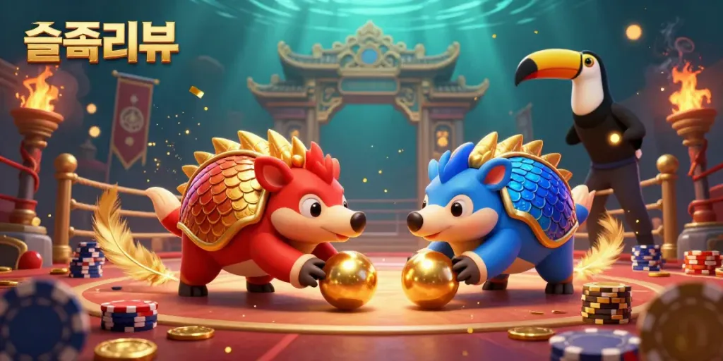 Engage with exciting 슬롯리뷰 featuring rival pangolins competing in a vibrant casino setting.