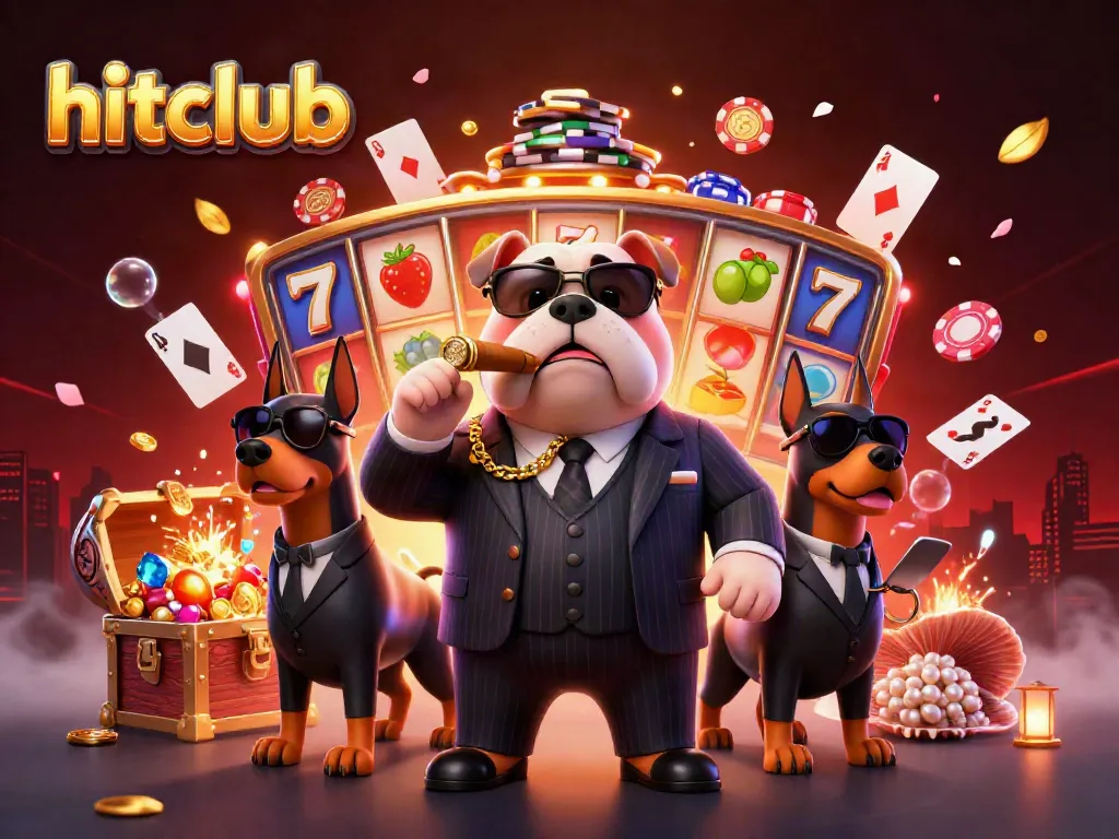 Hitclub showcases winning vibes with a mafia bulldog and bodyguard Dobermans amid slot reels.