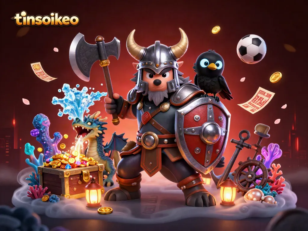Join the excitement of tinsoikeo with a Viking wolf warrior, dragon, and raven in an energetic sports betting scene.