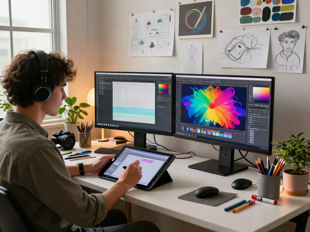 Artist creating unique nsfw ai graphic design in a vibrant studio.