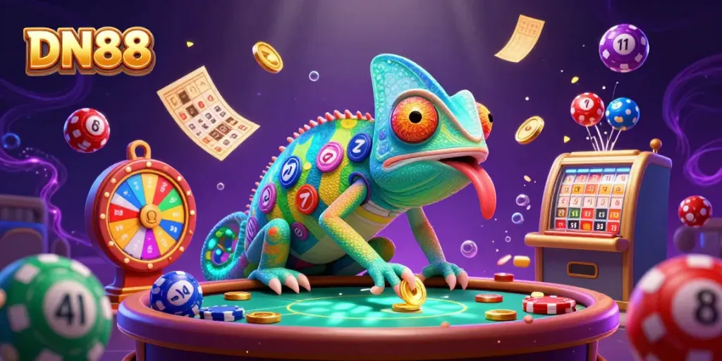 DN88 captivates players with a dynamic casino scene featuring a colorful chameleon, games, and lottery elements.