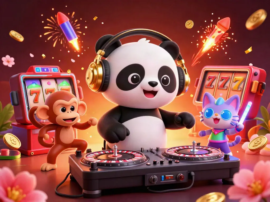 Experience the thrill of 78win with a DJ panda spinning slots, a dancing monkey, and an energetic kitten.