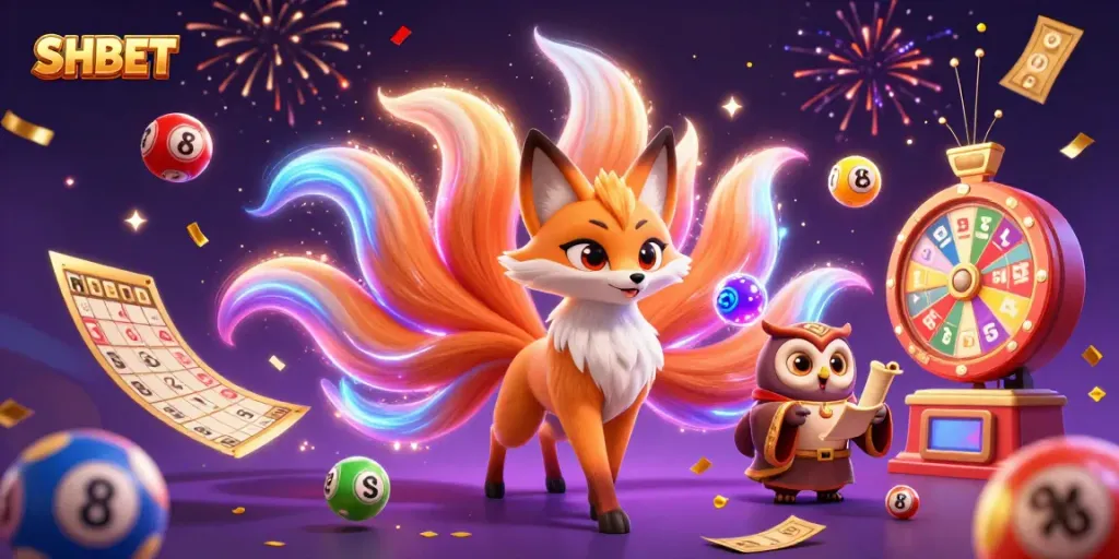 Experience the thrilling world of SHBET with a vibrant nine-tailed fox and lottery elements.