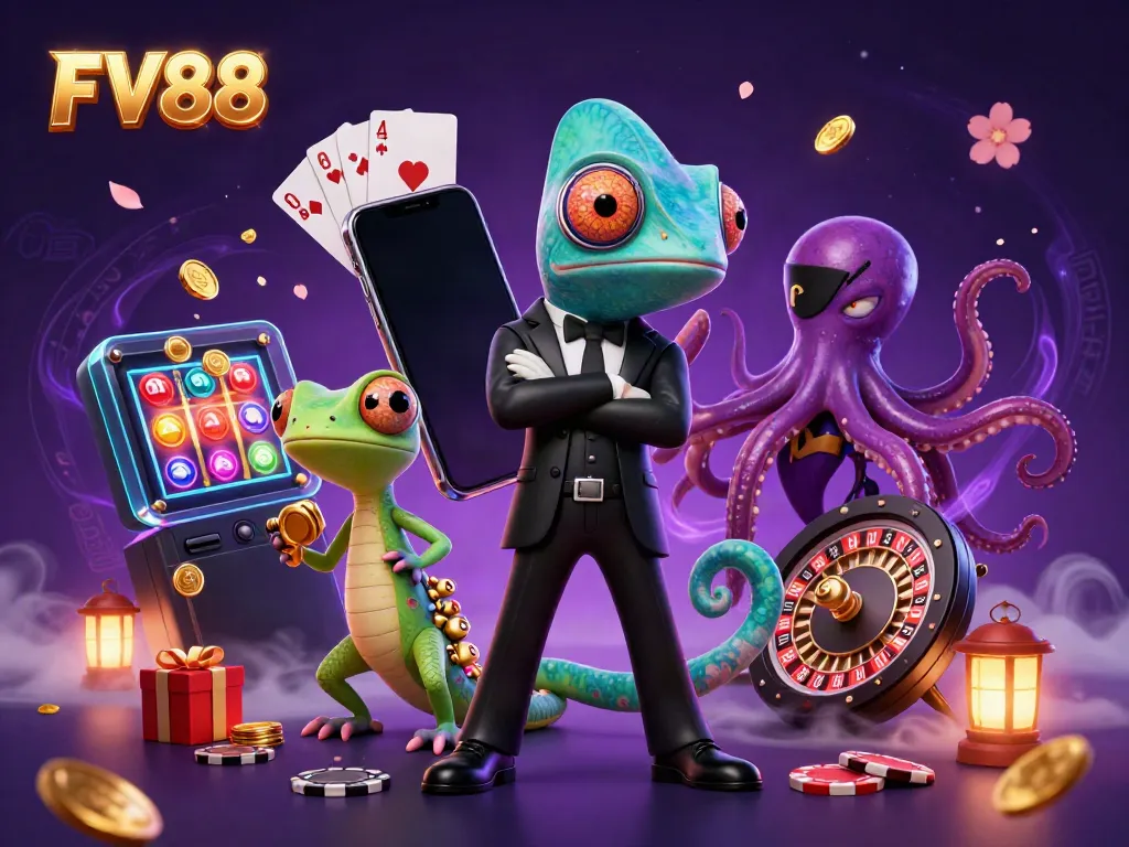 Engaging FV88 casino scene showcasing a secret agent chameleon, tech-gecko, and octopus amidst vibrant gaming elements.