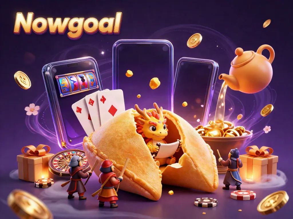 Engage with Nowgoal's exciting slot games as a wise dragon reads fortunes from a golden cookie in this vibrant 3D scene.