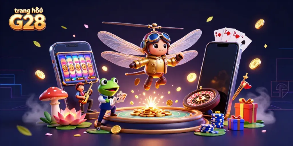 Engage with playful characters in the vibrant scene of trang chủ G28 featuring a dragonfly pilot, frog croupier, and cricket musicians.