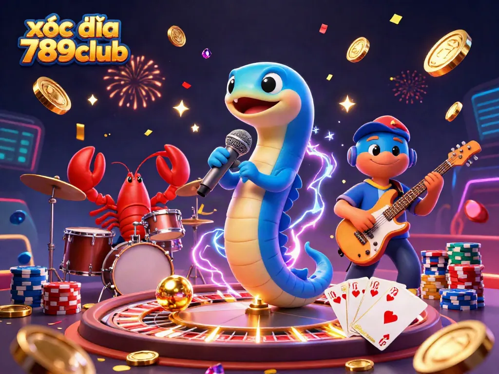 xóc đĩa 789club showcases an electric eel DJ with his band, surrounded by casino elements.