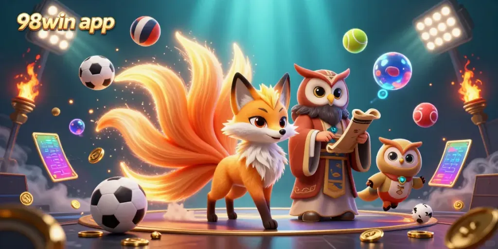 Experience the excitement of the 98win app, with a dynamic gaming scene featuring a glowing nine-tailed fox and sports elements.