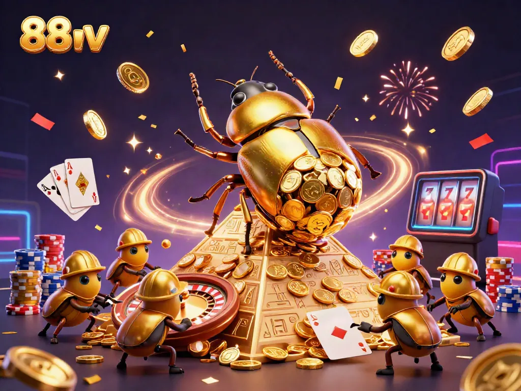 88vv's massive golden beetle rolls coins in a vibrant casino scene with sparkling gems and roulette.