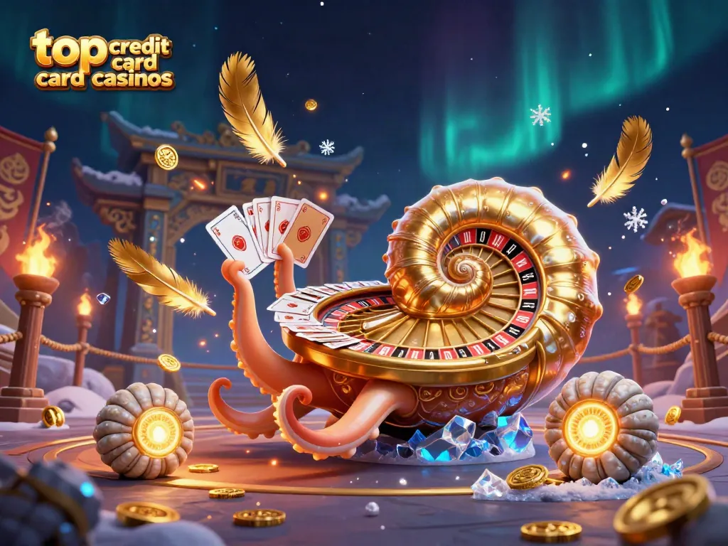 Engaging illustration showcasing top credit card casinos featuring a colossal nautilus as a roulette wheel amidst vibrant casino elements.