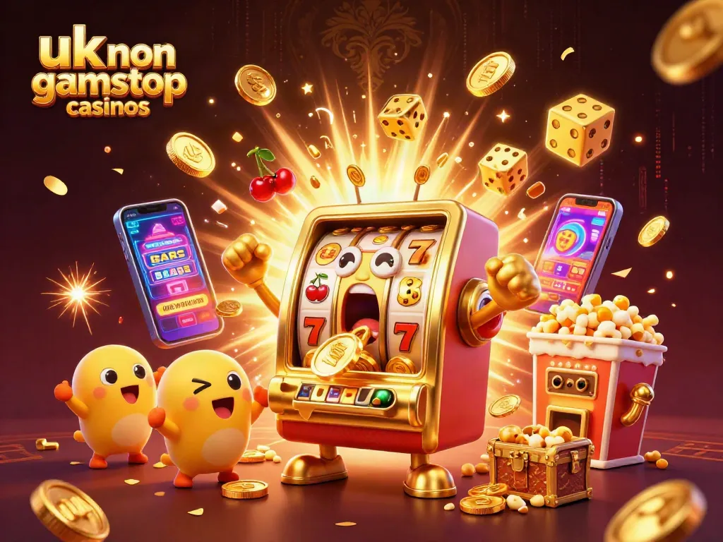 Engage with the excitement of uk non gamstop casinos, featuring a golden slot machine hitting a jackpot!