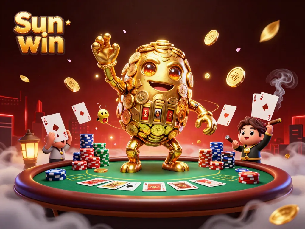 Experience immersive gaming action with a golden golem and poker elements in an adventurous Sun win scene.