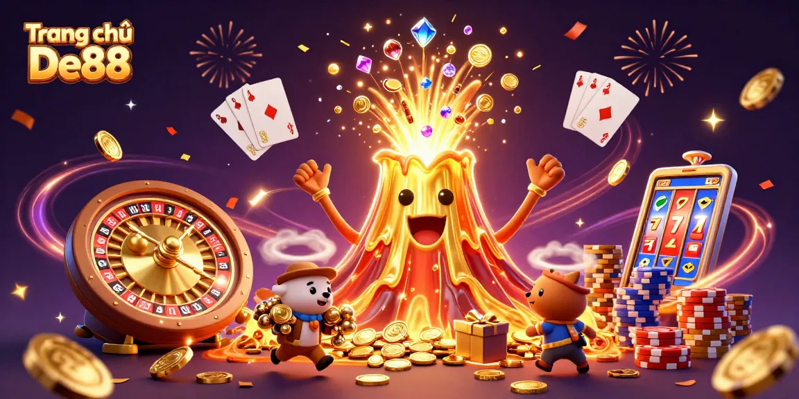 Experience thrill at Trang chủ De88 with a triumphant volcano erupting coins and gems amidst vibrant casino elements.