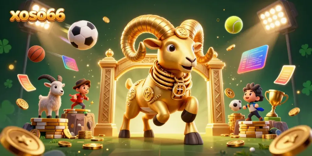 xoso66 unleashes thrilling action with a massive golden ram charging through a vibrant casino scene.