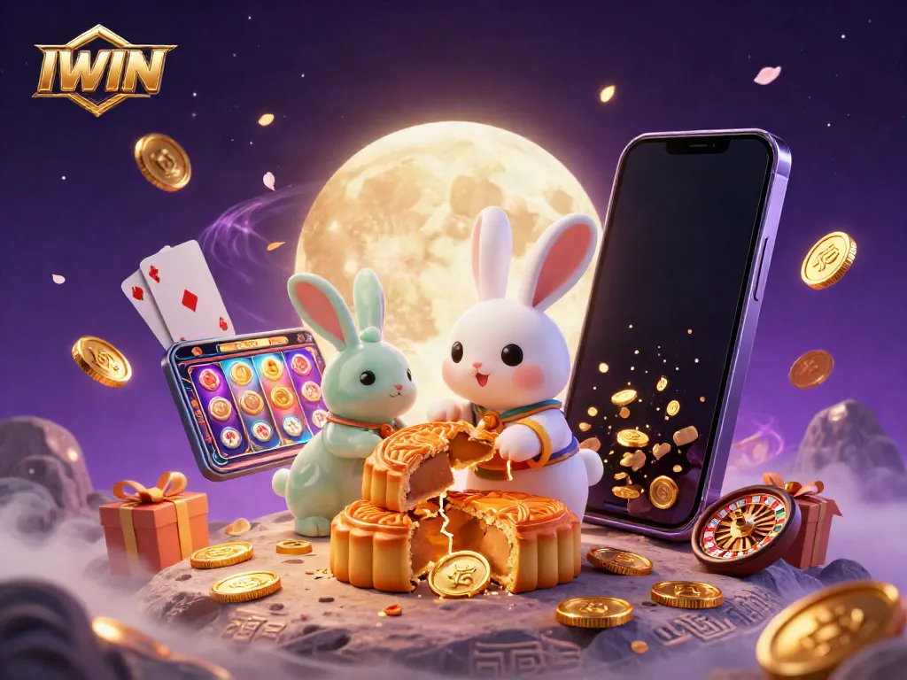IWIN offers an exciting cultural gaming experience with a moon rabbit and poker chips in a vibrant scene.
