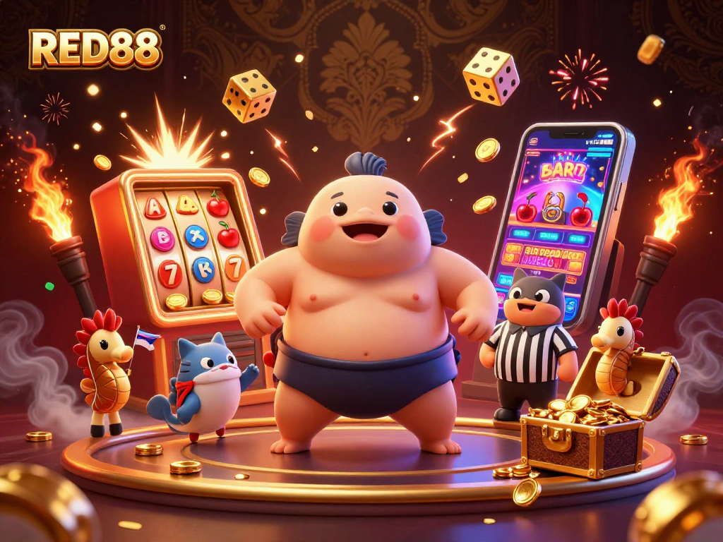 Experience thrilling gameplay at RED88 with a vibrant underwater casino scene featuring a fugu wrestler and distracting elements.