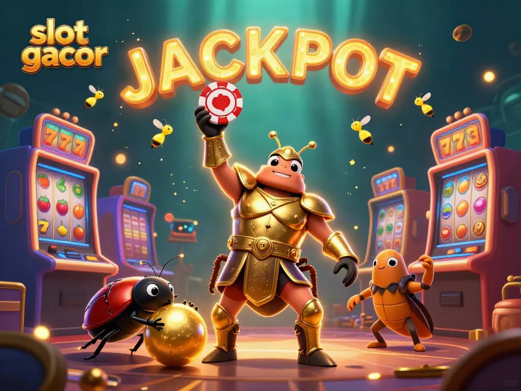 Engage in exciting slot gacor action with a victorious beetle lifting a poker chip amid spinning slot machines.