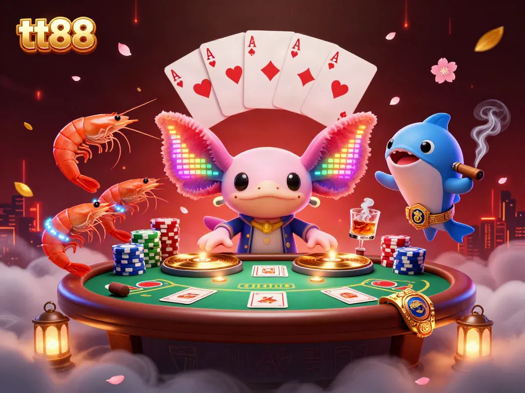 Engage in thrilling gameplay at tt88 with a vibrant casino scene featuring a dynamic axolotl DJ.