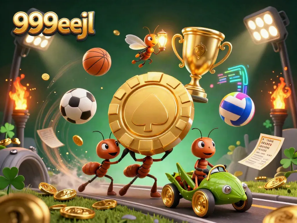 Watch the 999eejl team of ants navigate a thrilling heist with a golden poker chip in this captivating casino illustration.