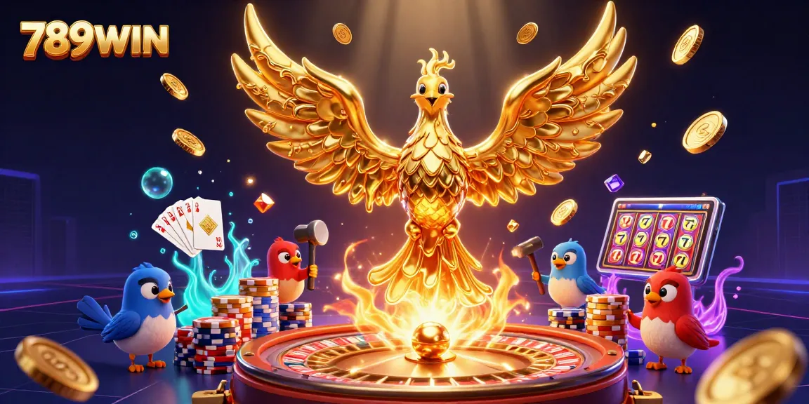 Win big with 789WIN featuring a golden phoenix and casino elements in vibrant colors.