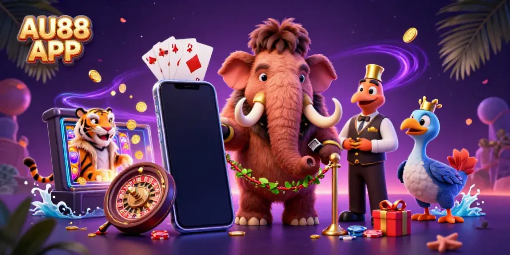 Engage with the AU88 APP experience featuring a whimsical mammoth bouncer, saber-tooth tiger VIP, and gaming excitement.