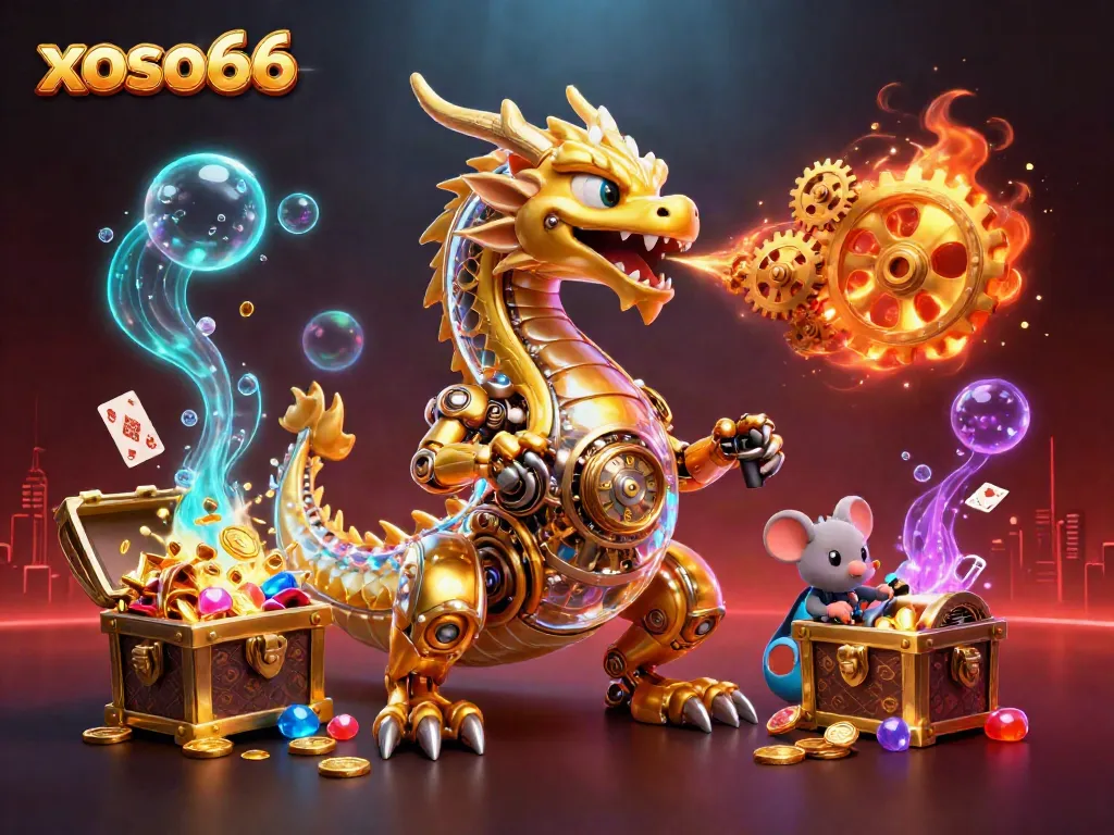 Engage with the xoso66 casino experience featuring a dynamic golden dragon amidst a treasure-filled underwater scene.