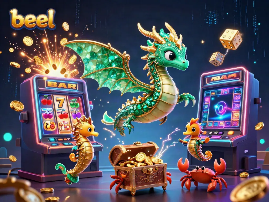 Engage with the exciting beel gambling scene featuring a dragon, slot machine, and colorful game lobby.