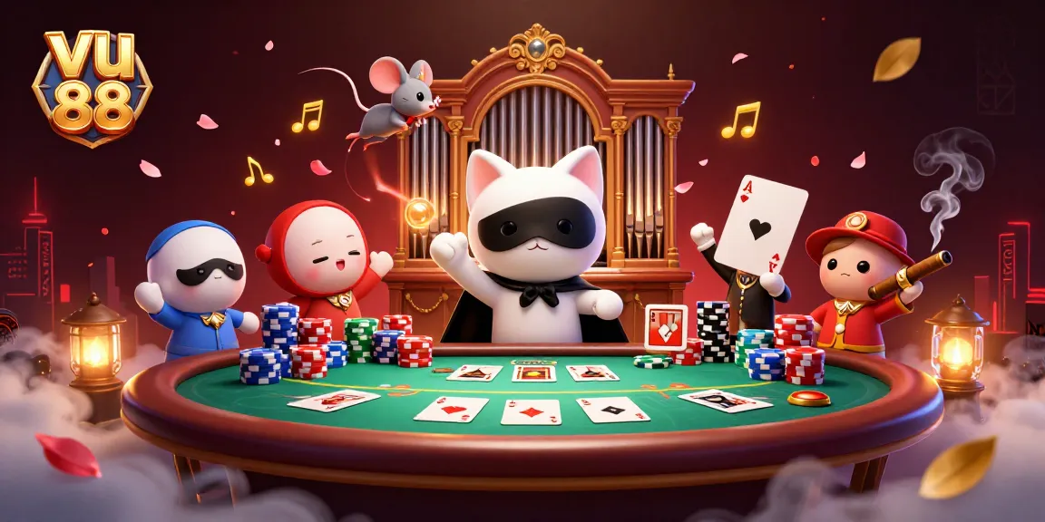 Engage in thrilling gameplay at vu 88 while a whimsical cat entertains at a vibrant casino scene.