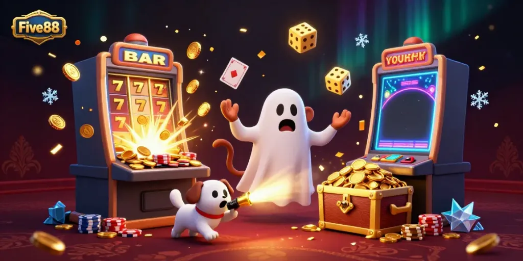 Experience thrilling wins at Five88 with a playful poltergeist monkey and ghost-hunter puppy in a lively casino scene.