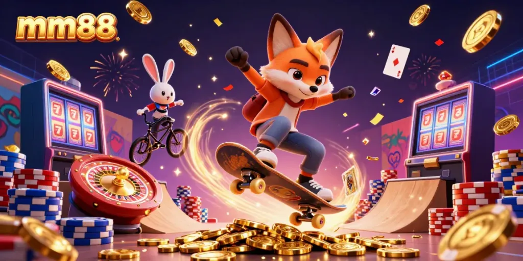 Experience thrilling wins with mm88 casino as a fox does tricks on golden poker chip ramps.