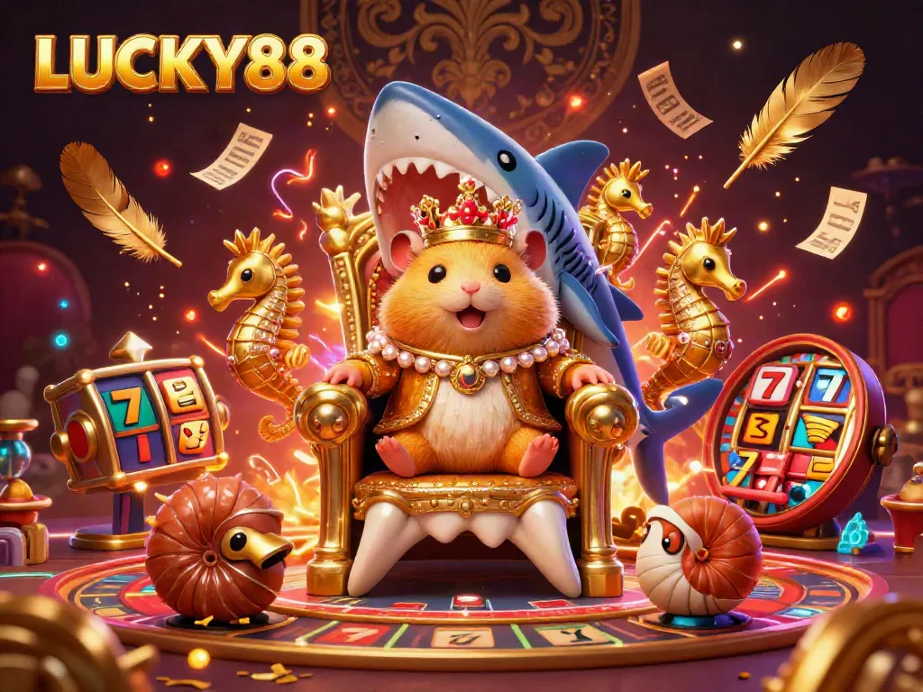 Experience the thrilling world of LUCKY88 as the golden hamster king reigns amidst swirling golden particles and vibrant casino elements.