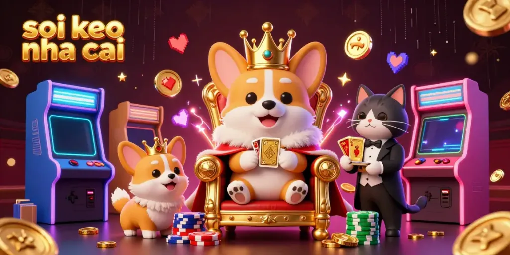 Enjoy exciting soi keo nha cai moments with a crowned corgi on poker chips surrounded by arcade gaming elements.