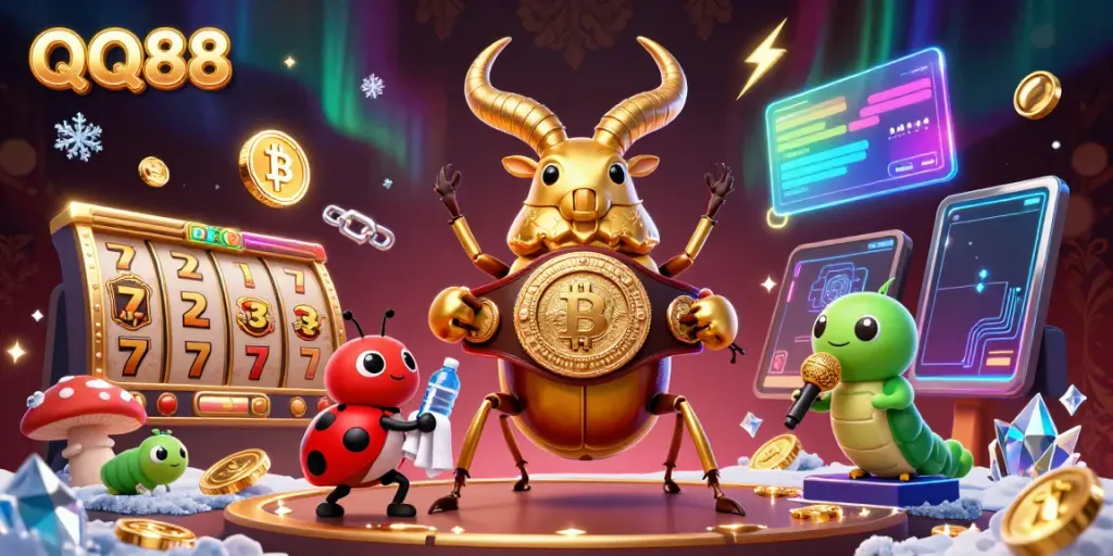 Watch the dynamic gambling scene featuring QQ88 with a golden stag beetle, cartoon characters, and gaming elements.