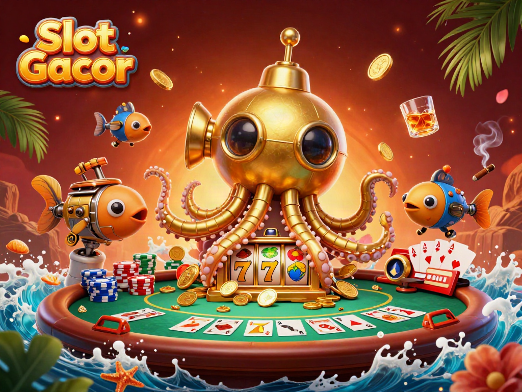 Experience the thrill of Slot Gacor with a vibrant 3D scene featuring a golden kraken and vibrant casino elements.