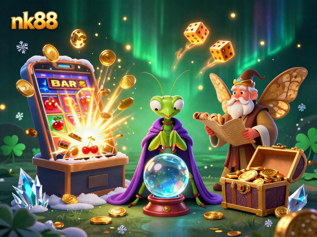 Engage with nk88's captivating casino experience through lively 3D illustration featuring fortune teller and jackpot.