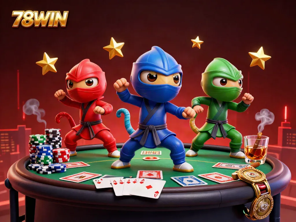 Chameleonic ninjas showcasing synchronized martial arts and poker game elements vital for 78WIN strategy.