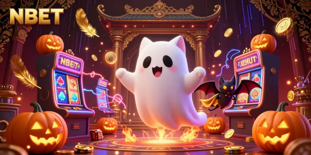 Join the spooky fun at NBET with a ghost cat and a vampire bat in a dazzling casino.