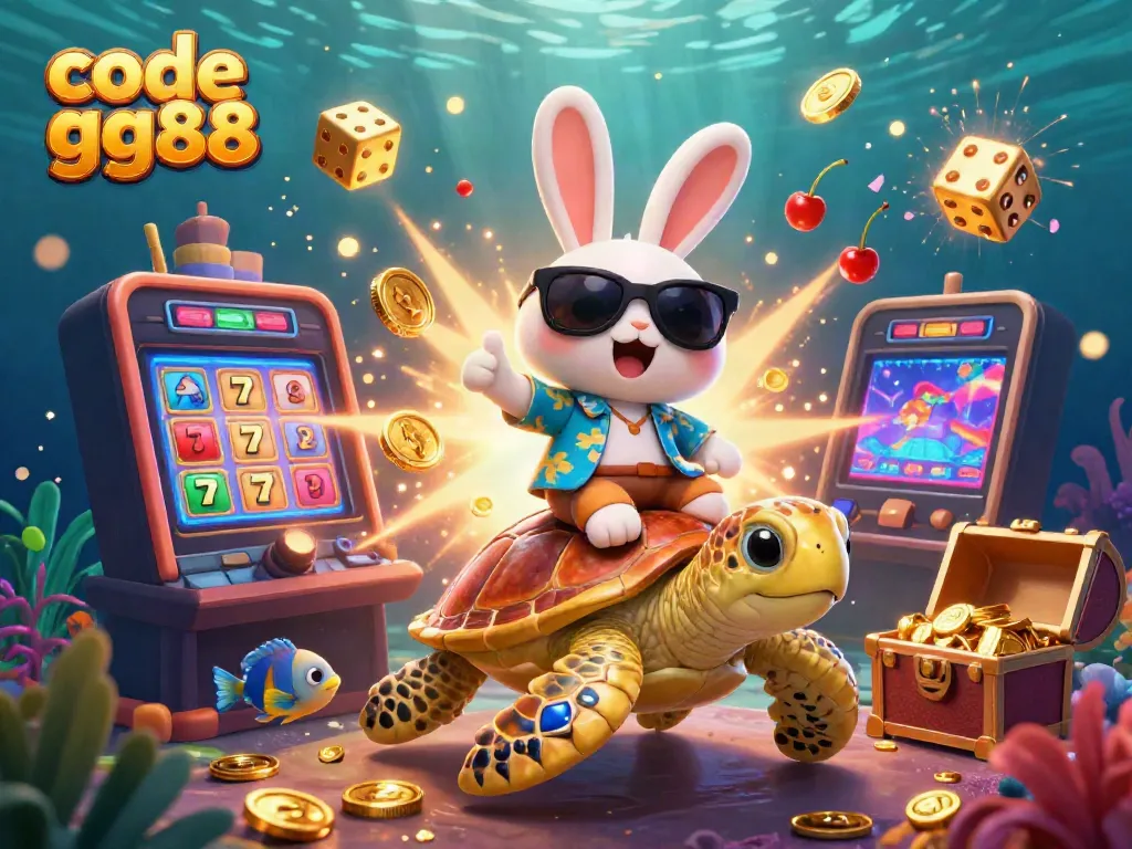 Engage with code gg88 in this vibrant 3D scene showcasing a lucky rabbit and turtle celebrating casino wins, surrounded by flying symbols and coins.