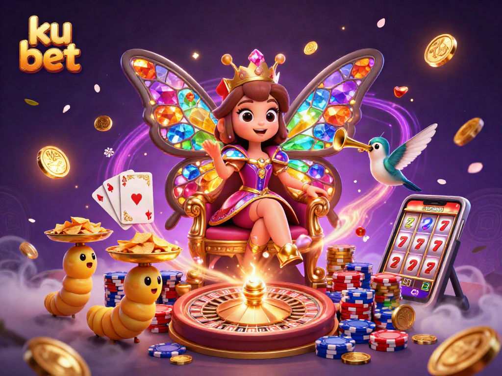 Experience the thrill of ku bet in a vibrant digital casino scene with sparkling elements and characters.