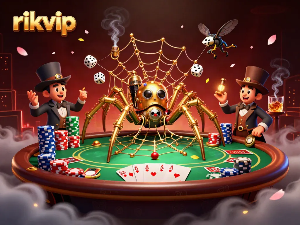 Engage with the thrilling world of rikvip, showcasing a steampunk spider capturing luck in a poker scene.