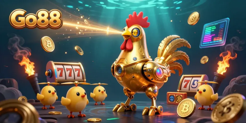 Engage with Go88's thrilling jackpot adventure featuring golden rooster robot and baby chick drones in an electrifying casino scene.