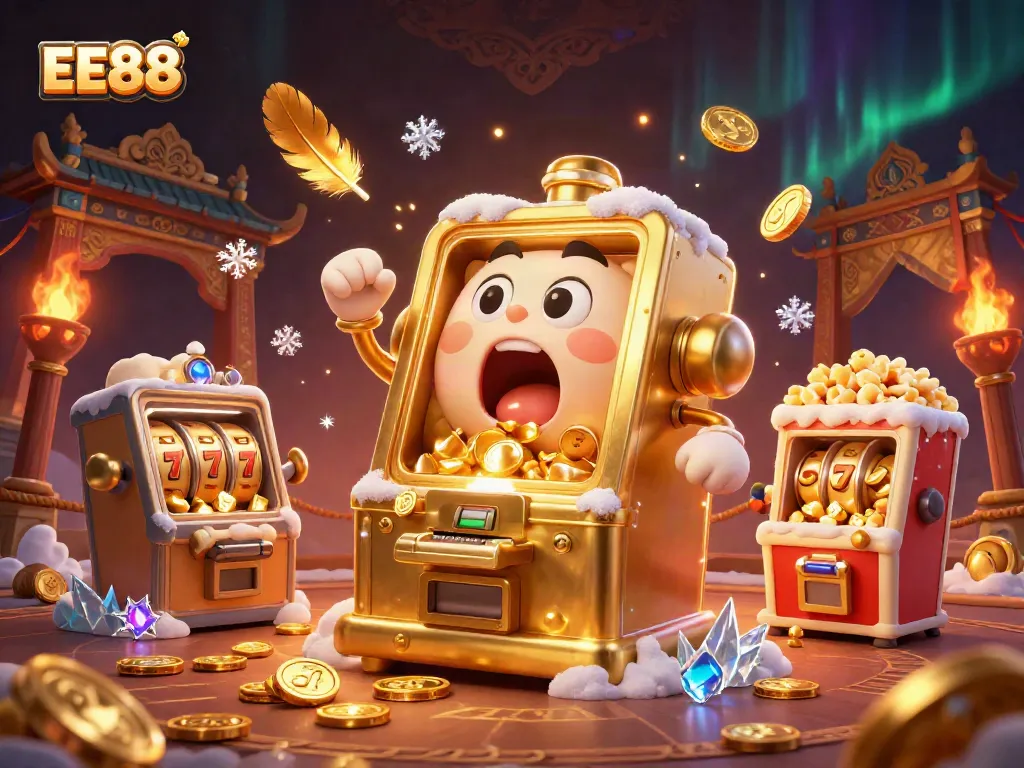 EE88 showcases a lively golden slot machine shocked at hitting the jackpot with baby slot machines and popcorn machine, brimming with vibrant details.