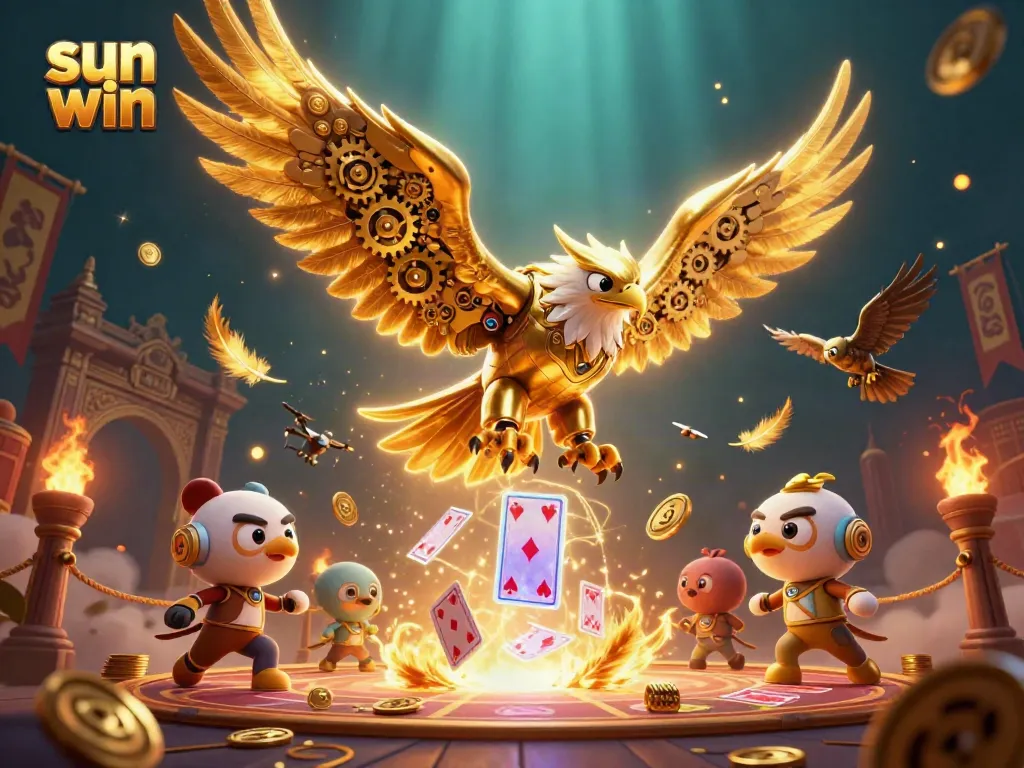 Experience thrilling gaming action with sun win's golden eagle, adorned with holographic cards and glowing elements.