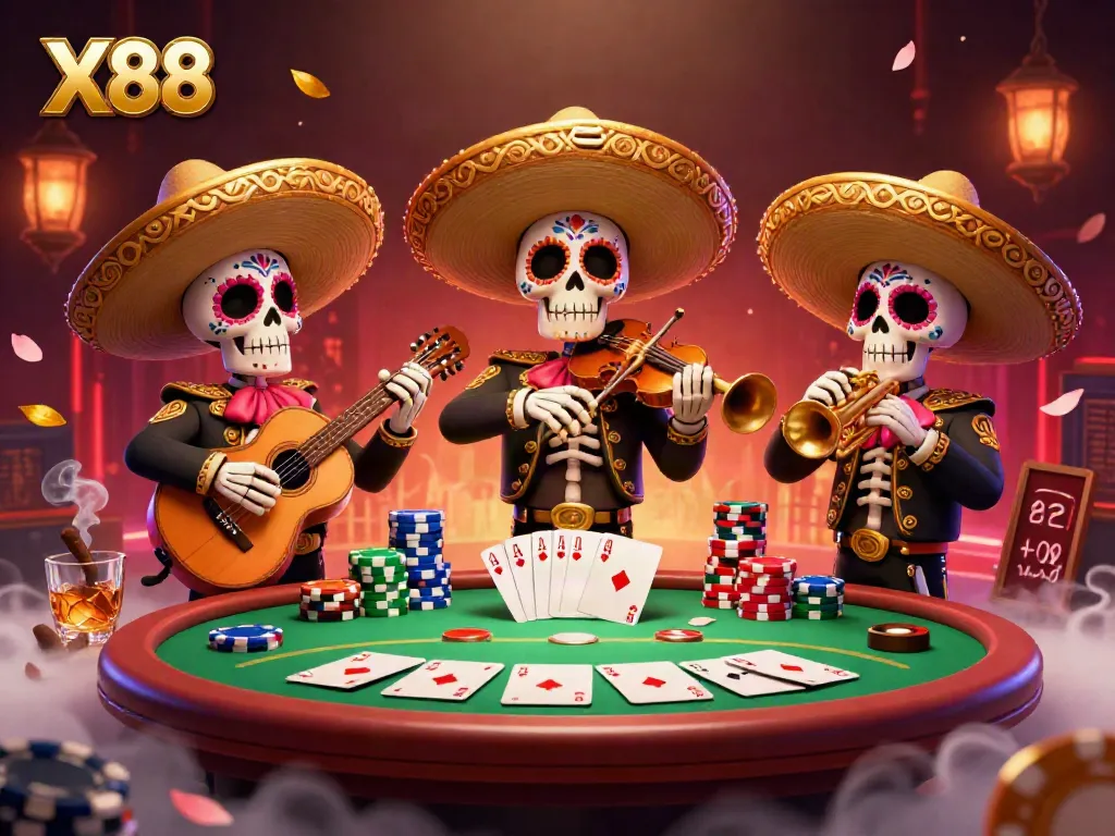 X88 gaming fun with mariachis and poker elements in a lively 3D illustration.