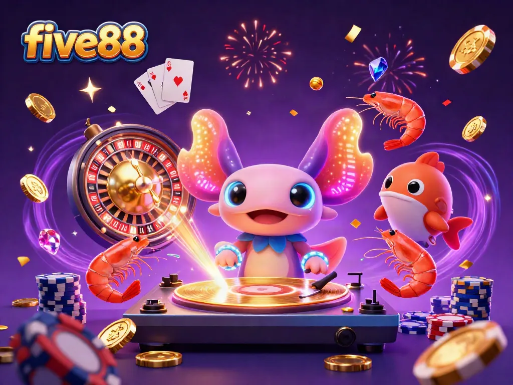 Experience the joy of winning at five88 with vibrant 3D casino characters celebrating amidst cascading coins and cards.