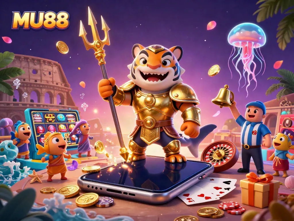 Engage with MU88 through a vibrant underwater casino scene featuring a shark in gladiator armor amidst slot games and prizes.