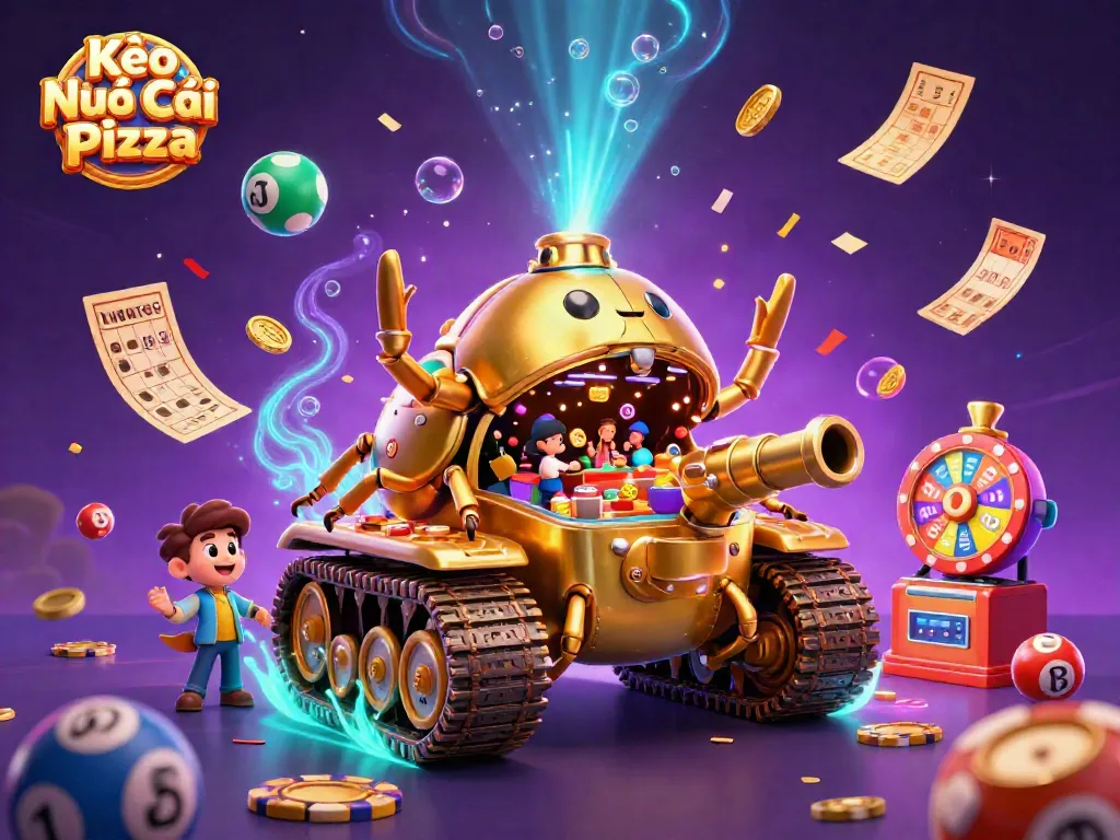Kèo Nhà Cái Pizza showcases a thrilling 3D casino scene with a beetle tank, lottery balls, and a vibrant prize wheel.